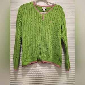 Lilly Pulitzer Green Cable Knit Sweater With Pink Trim